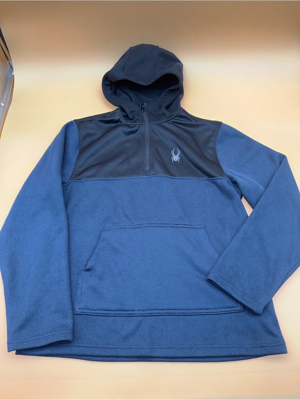 Spyder Blue Black Fleece Lined Quarter Zip Hooded Waffle Pullover Jacket Large